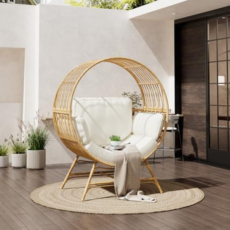 Bifanuo Oversized Egg Chair Indoor/Outdoor Rattan Hanging Basket Chair with Thickened Cushion Supports 350LBS – Wicker Patio Lounge Chair for Balcony Porch Living Room Backyard (Beige) Bifanuo