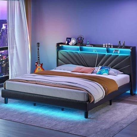 Rolanstar King Size Bed Frame, Storage Headboard with Charging Station and LED Lights, Upholstered Bed with Heavy Duty Wood Slats, No Box Spring Needed, Noise Free, Easy Assembly, Black Rolanstar