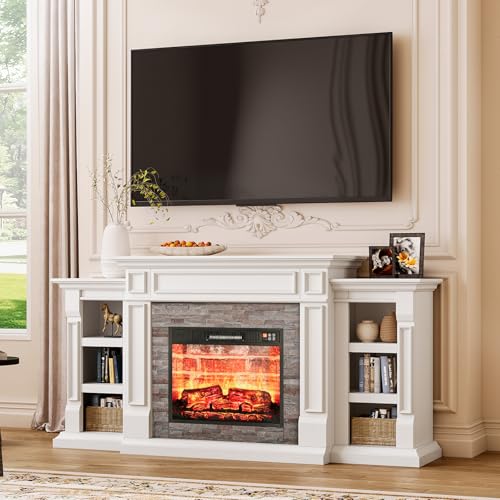 LGHM 72" Electric Fireplace with Mantel, Fireplace TV Stand for TVs Up to 80 Inch, Modern Entertainment Center with Storage, Realistic Stacked Stone Surround with Remote Control for Living Room LGHM