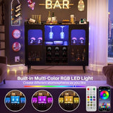 iSunirm Wine Bar Cabinet with Power Outlet, Liquor Cabinet Bar with LED Light and Glass Holder, Home Coffee Bar Cabinet, Buffet Sideboard with Storage Shelf for Kitchen, Dining Room, Black iSunirm