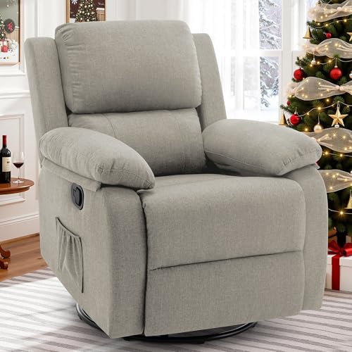 Korser Recliner Chair, 360 Swivel Rocker Chair for Adults, Small Rocking Recliner for Small Spaces, Upholstered Fabric Glider Recliner Nursery (Swivel Rocker Recliner, Light Khaki)