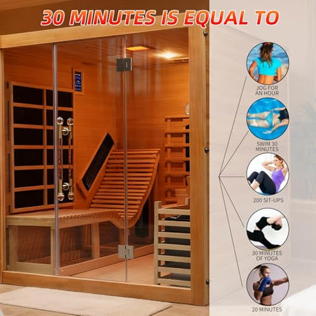 amocane Infrared & Steam Dual-System Sauna Room, 2-3 Person Canadian Red Cedar Wood Sauna with Recliner, Indoor Traditional Home Saunas Spa with 9 Heaters & 6KW Sauna Stove, Oxygen Bar amocane