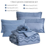 KAKIJUMN Blue Tufted 7-Piece Queen Comforter Set, Shabby Chic Boho Comforter and Sheet Set, All Season Soft Microfiber Complete Bedding Set KAKIJUMN