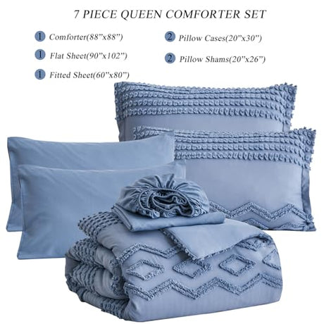 KAKIJUMN Blue Tufted 7-Piece Queen Comforter Set, Shabby Chic Boho Comforter and Sheet Set, All Season Soft Microfiber Complete Bedding Set KAKIJUMN