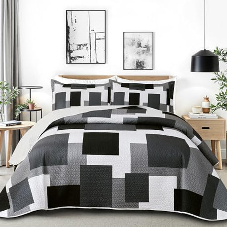 Tyrot 3 Piece Black Grey Quilt Set Full/Queen Size Black White Geometric Reversible Bedding Set Microfiber Lightweight Bedspread Coverlet with 2 Shams Modern Bed Covers for All Season, 90''x96'' Tyrot