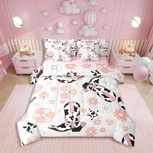 Erosebridal Western Cowgirl Twin Bedding Set for Girls,Pink Floral Milk Cow Print Comforter Set 7 Piece,Cowgirl Boot Hat Bed Set Farmhouse Flower Bed in a Bag with Fitted+Flat Sheet,Pillowcases Erosebridal