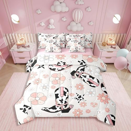 Erosebridal Western Cowgirl Twin Bedding Set for Girls,Pink Floral Milk Cow Print Comforter Set 7 Piece,Cowgirl Boot Hat Bed Set Farmhouse Flower Bed in a Bag with Fitted+Flat Sheet,Pillowcases Erosebridal