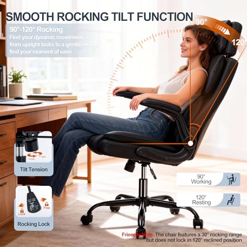 Office Chair with Adjustable Headrest, Faux Leather Executive Home Office Desk Chairs with Ergonomic Back Support, Padded Flip-Up Armrests, Swivel Rolling Computer Chair for Work, Study, Black ACFOUL
