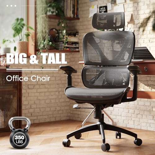 GABRYLLY Ergonomic Office Chair, Big and Tall Mesh Chair with Lumbar Support, 3D armrest - 215° Rotation, Adjustable Headrest & Soft Seat, Durable Desk Chair 350LBS for Work Gaming Computer,Grey GABRYLLY