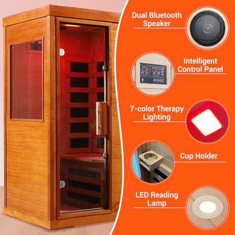 Bowear Far Infrared Sauna for 1-2 Person, 110V 1120W Indoor Home Sauna with Bluetooth Audio, 7 Colors Light Therapy, Reading Lamp, Time & Temperature Adjustable, Oguman Wood Dry Sauna Bowear