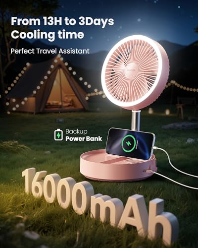 Gaiatop Portable Pedestal Fan 16000mAh Battery [Max 74h Runtime], Foldable Oscillating Standing Fan, Collapsible Desk Fans, LED Light, Case & Remote Control, 4 Speeds for Outdoor Travel Camping (Pink) Gaiatop