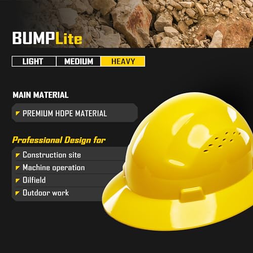 COOLJOB Full Brim Hard Hat, OSHA Construction Work Approved, HDPE Safety Helmet with 4 Point Adjustable Ratchet Suspension, Class E, G & C, Yellow COOLJOB