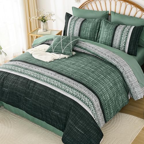 Dintszyayue Green Comforter Set Queen Size, 8 Pieces Boho Striped Bed in a Bag Soft Microfiber Bedding Set for All Season Dintszyayue
