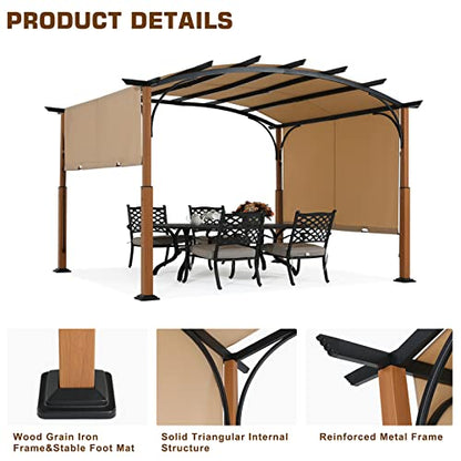 MASTERCANOPY 10' X 12' Outdoor Retractable Pergola with Sun Shade Canopy Patio Metal Garden Pergola,Beige - WoodArtSupply