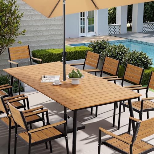VredHom 95" Patio Outdoor Dining Table for 8-10, Weather-Resistant Wood-Grain Top with Aluminum Frame & Umbrella Hole for Deck Gatherings, Brown VredHom