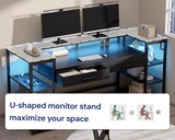Pamray 58 Inch Computer Desk with Monitor Stand and Shelves Gaming Desk with LED Lights & Power Outlets PC Vanity Table with 2 Drawers for Home Office Black Pamray