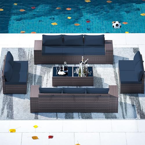 Gotland 12 Pieces Patio Furniture Set Outdoor Sectional Wicker Furniture All-Weather PE Rattan Patio Conversation Sets w/10 Replaceable Navy Waterproof Cushions and 2 Coffee Table - WoodArtSupply