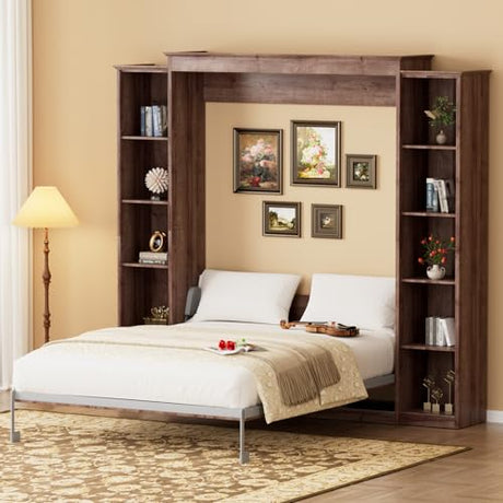 BEQAI Queen Murphy Bed with Storage Bookcase & 4 Adjustable Shelves,Foldable Space-Saving Queen Wood Wall Bedframe with Metal Legs,Hidden Bedframe for Guest Room,Study,Home,Office,Bedroom,Walnut Color BEQAI
