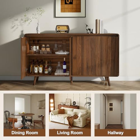 Nasonet Mid Century Modern Buffet Cabinet with Storage, 55 Inch Sideboard Credenza with Doors & Shelves Console Coffee Bar Table for Living Room, Kitchen, Dining Room and Hallway, Walnut Nasonet