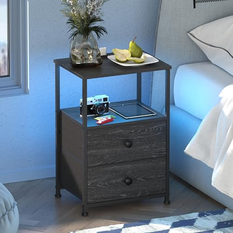 Tohomeor End Table with Charging Station, LED Light, Fabric Drawers, and USB Ports - Charcoal Tohomeor