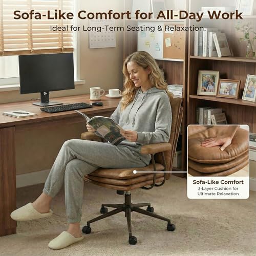 Sucrever Brown Office Chair with Triple-Layers Thicken Wide Seat, Mid Back Leather Desk Chair with Wheels and Arms, Mid-Century Modern Computer Chair for Home Office Sucrever
