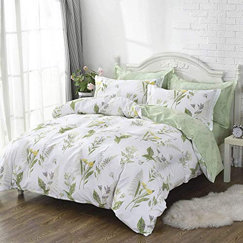 FADFAY Farmhouse Premium Shabby Green Daisy and Botanical Lavender Flowers 100% Cotton Bedding Set King Duvet Cover Set with Hidden Zipper Closure 3-Piece:1 Duvet Cover & 2Pillowcases FADFAY