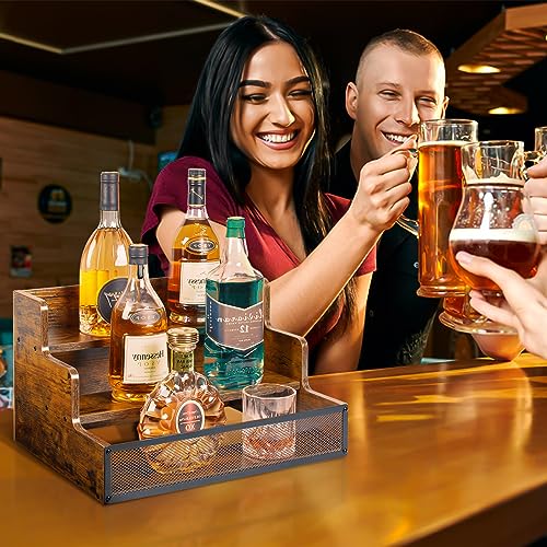 3 Step Countertop Liquor Bottle Display Shelf, Wood Bar Shelves 12 Bottles with Fences, Freestanding Storage Shelves for Liquor Whiskey Wine Coffee Syrup Display, Retro Wine Rack Home (Patent Pending) Yuzehuaza