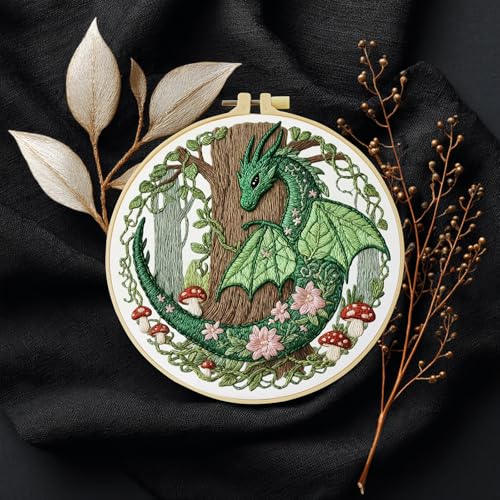 ZuoAnLF Green Dragon Handmade DIY Embroidery kit for Beginners Adult,ncludes Embroidery Cloth, Instructions, Embroidery Frame and Needle and Thread, Suitable for Craft Lover Hand Stitch Gifts