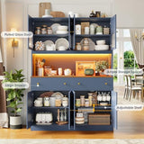 FINETONES 71" Pantry Cabinet with LED Light and Charging Station, Farmhouse Kitchen Pantry Cabinet with Microwave Stand, 47.2" Wide Kitchen Hutch Food Pantry with Open Countertop, Blue FINETONES