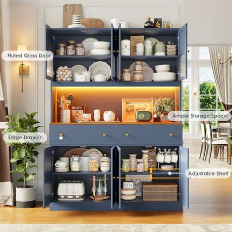 FINETONES 71" Pantry Cabinet with LED Light and Charging Station, Farmhouse Kitchen Pantry Cabinet with Microwave Stand, 47.2" Wide Kitchen Hutch Food Pantry with Open Countertop, Blue FINETONES