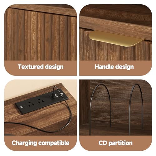 knoworld Large Record Player Stand with Vinyl Storage, Mid Century Modern Turntable Cabinet with Charging Station & Power Outlet, Wooden Storage Cabinet for Living Room and Bedroom (Walnut knoworld