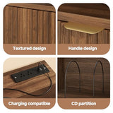 knoworld Large Record Player Stand with Vinyl Storage, Mid Century Modern Turntable Cabinet with Charging Station & Power Outlet, Wooden Storage Cabinet for Living Room and Bedroom (Walnut knoworld