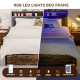 COMHOMA Platform Bed Frame with LED Lights and Charging Station, Storage Headboard and Footboard Drawers, No Box Spring Needed, Rustic Wood Look (King (U.S. Standard)) COMHOMA