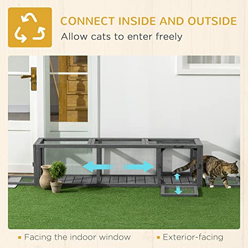 PawHut Outdoor Cat Tunnel with Extendable Design, 59" L Wooden Cat Run with Weather Protection, Connecting Inside and Outside, for Deck Patios, Balconies, Gray - WoodArtSupply