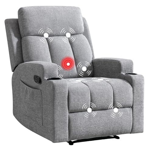 CANMOV Manual Recliner Chair with Massage & Heat,Soft Fabric Recliner Chair with Overstuffed Armrest & Backrest, Manual Reclining Single Sofa with 2 Cup Holders, Side Pocket for Living Room,Light Grey