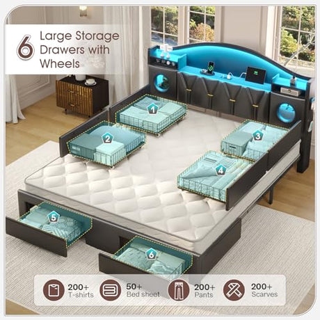California King Bed Frames, Cal King Bed Frame with Storage Headboard & 6 Drawers, Platform Bed with with LED Lights & Charging Station, Noise-Free, No Box Spring Needed, Easy Assembly, PU Black Tagafi
