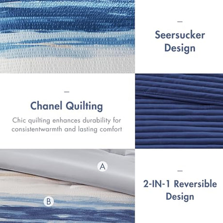 Madison Park Marina Comforter Quilt Combo Set - Modern Luxury Design, All Season Down Alternative Bedding, Matching Shams, Decorative Pillows, Full/Queen(90"x90"), Seersucker Blue 8 Piece Madison Park