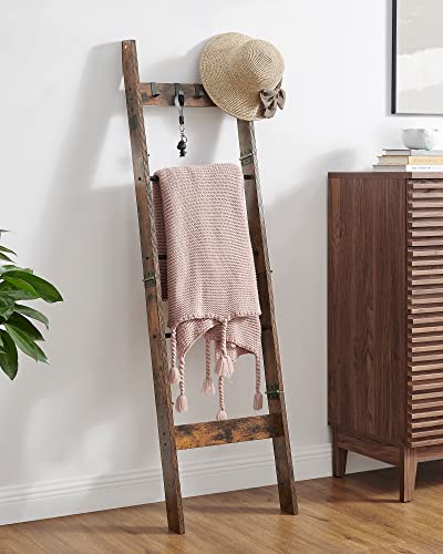 Hzuaneri Blanket Ladder Shelf for Living Room, Decorative Wood Quilt Rack with 4 Removable Hooks, 5-Tier Farmhouse Ladder Holder Organizer for Bedroom, Rustic Brown 02101BBR Hzuaneri