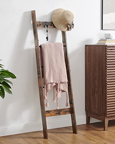 Hzuaneri Blanket Ladder Shelf for Living Room, Decorative Wood Quilt Rack with 4 Removable Hooks, 5-Tier Farmhouse Ladder Holder Organizer for Bedroom, Rustic Brown 02101BBR - WoodArtSupply