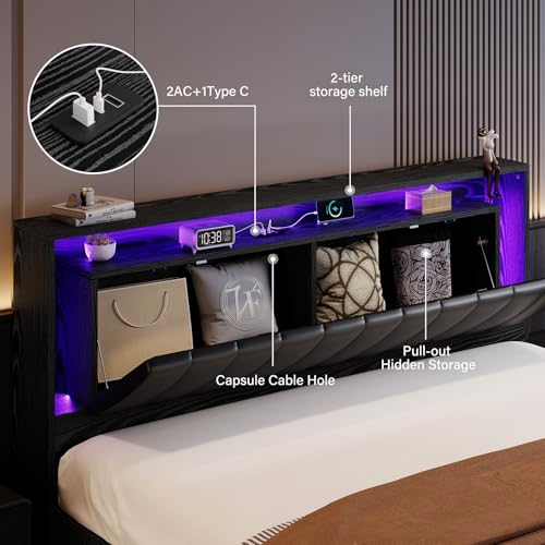 Belffin Floating Bed Frame Queen Size with LED Lights & Charging Station, Wooden Headboard with Hidden Storage and Faux Leather Backrest, Easy Cleaning, No Box Spring Needed, Noise-Free, Black Belffin