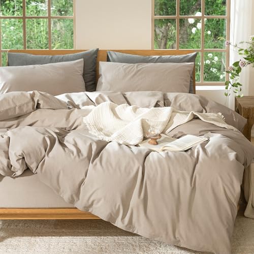 MooMee Bedding Duvet Cover Set 100% Washed Cotton Linen Like Textured Breathable Durable Soft Comfy (Heathered Taupe, Twin 68"x90") MooMee