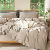 MooMee Bedding Duvet Cover Set 100% Washed Cotton Linen Like Textured Breathable Durable Soft Comfy (Heathered Taupe, Twin 68"x90") MooMee