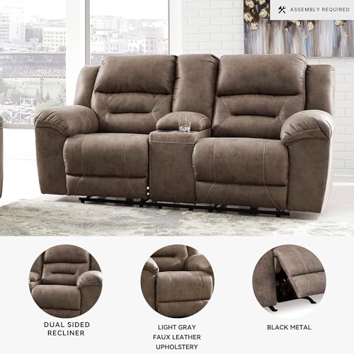 Signature Design by Ashley Stoneland Faux Leather Manual Double Reclining Loveseat with Center Console, Light Brown Signature Design by Ashley