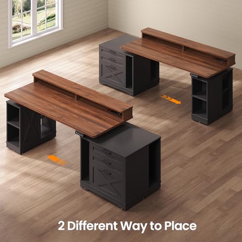 SEDETA Farmhouse Electric Standing Desk, 55" Height Adjustable Computer Desk with 3 Drawers, File Cabinet, Storage Shelves, Power Outlets, Wood Home Office Desk for Work, Study, Writing, Black SEDETA