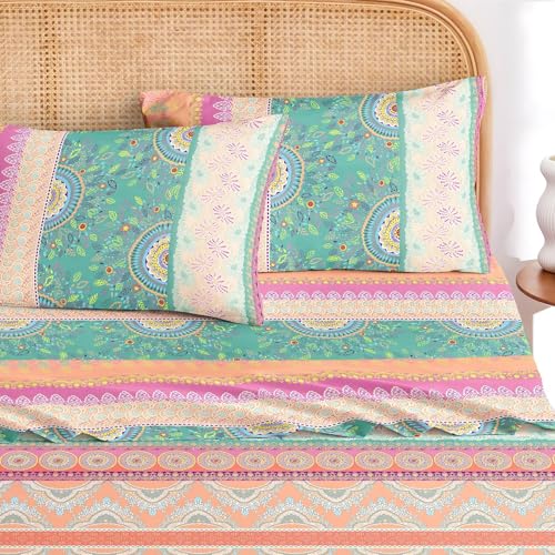 Wake In Cloud - Boho Bed Sheets, 4-Piece Sheet Set, Bohemian Chic Medallion Colorful Hippie Aesthetic Bedding, Deep Pocket, Orange Green, Queen Size Wake In Cloud