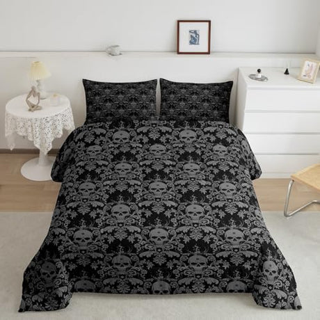 Feelyou Jacquard Damask Duvet Quilt Full Size Boho Damask Bedding Set for Kids Boys Girls Decor Vintage Floral Comforter Set Breathable Soft Lightweight Microfiber Skull Bedroom Decor Bedclothes Feelyou