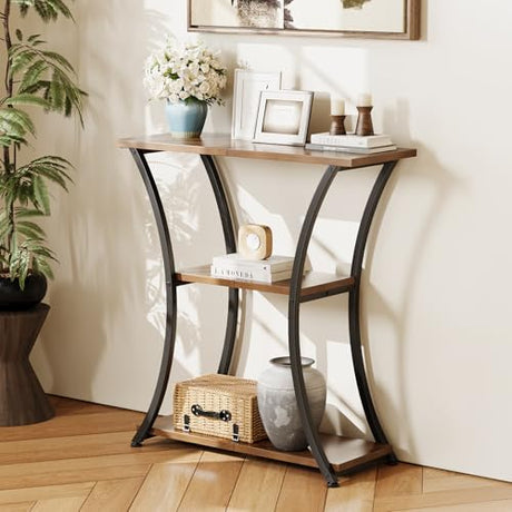 Trironsun Rustic 3-Tier Console Table with Open Shelves Narrow Entryway Table with Curved Metal Frame Slim Sofa Table for Hallway Living Room or Foyer (Rustic Brown) Trironsun