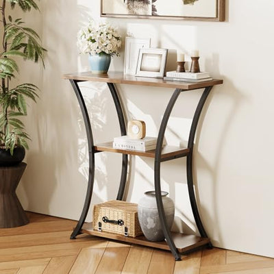 Trironsun Rustic 3-Tier Console Table with Open Shelves Narrow Entryway Table with Curved Metal Frame Slim Sofa Table for Hallway Living Room or Foyer (Rustic Brown)