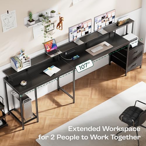 Huuger L Shaped Gaming Desk with LED Lights and Power Outlets, Computer Desk with Drawers, 66.1 Inches Corner Desk, Home Office Desk with Printer Stand, Large Storage Space, Carbon Fiber Blac - WoodArtSupply