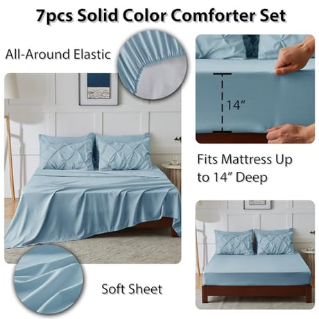 CozyLux Queen Comforter Set Light Blue, 7 Pieces Pintuck Bed in A Bag, Premium Blue Comforter Queen Size, Pinch Pleat Bedding Sets with Comforter, Sheets, Pillowcases & Shams CozyLux